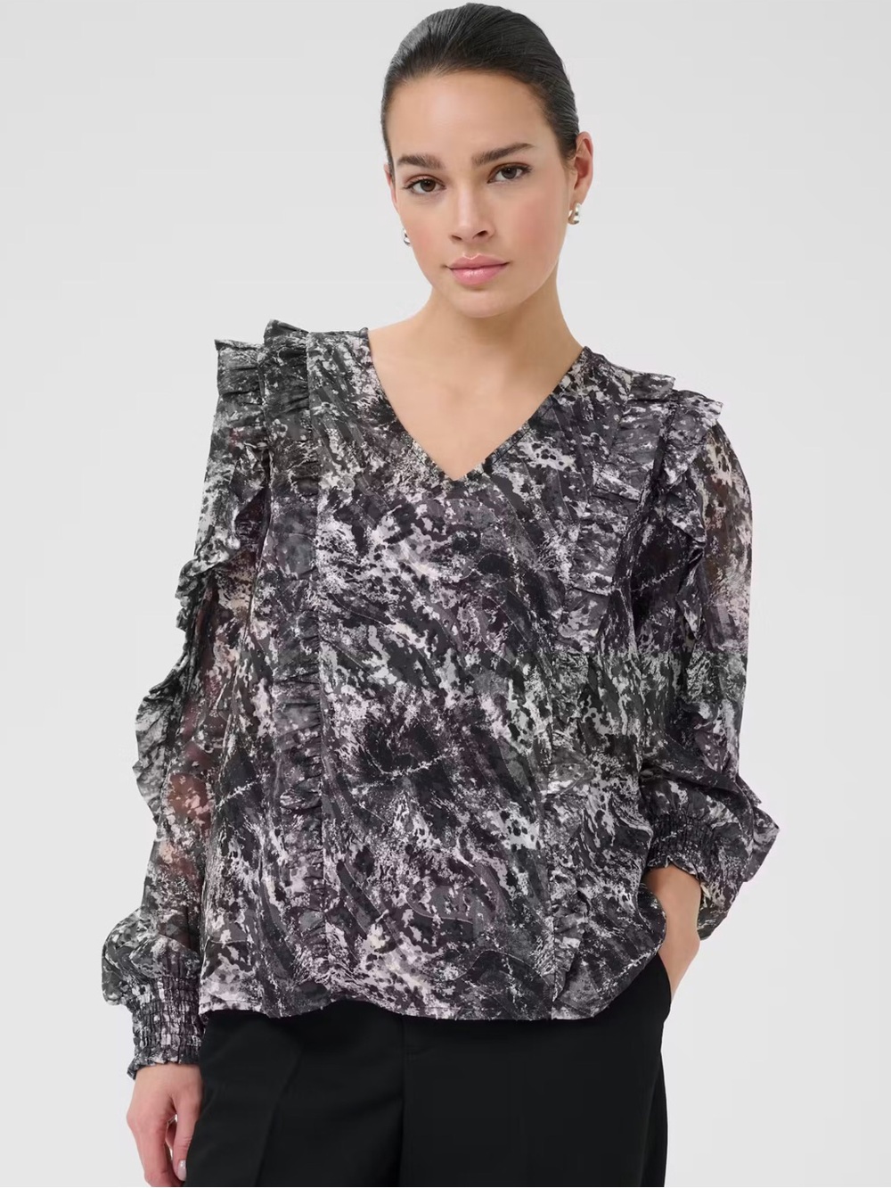 NWT KAFFE Whimsical Ruffle Cascade Semi Sheer Abstract Lined Blouse Black Grey 8